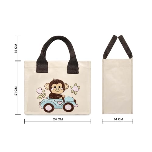 ECOCARRY Kids Lunch Bag | Cute & Stylish Embroidery Mini Tiffin Bag for Boys & Girls | Cute Cotton Cartoon Design | Picnic Tuition School, Preschool & Playschool | Gift for Birthday (Monkey) - Image 4