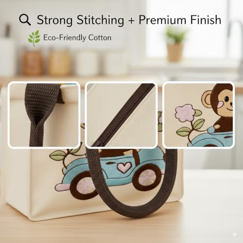 ECOCARRY Kids Lunch Bag | Cute & Stylish Embroidery Mini Tiffin Bag for Boys & Girls | Cute Cotton Cartoon Design | Picnic Tuition School, Preschool & Playschool | Gift for Birthday (Monkey) - Image 2