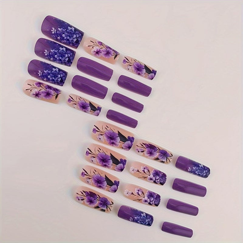 GRITOSE Flower Press on Nails Medium Length Fake Nails Purple Acrylic Nails Glossy Full Cover Spring False Nails Coffin Stick on Nails with designs Artificial Nails Gel Glue on Nails for Women Girls 24pcs - Image 2
