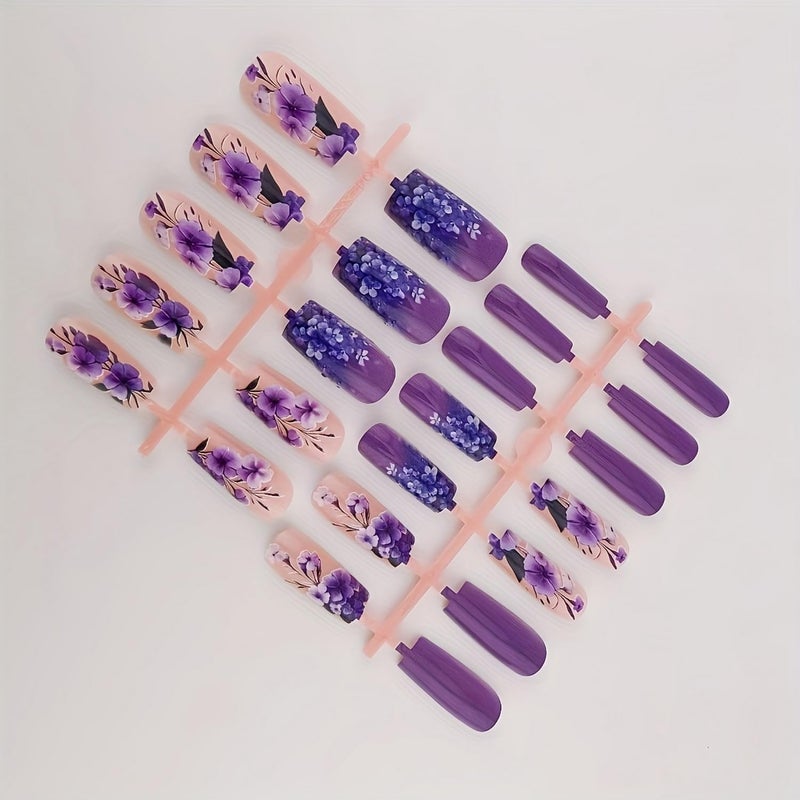 GRITOSE Flower Press on Nails Medium Length Fake Nails Purple Acrylic Nails Glossy Full Cover Spring False Nails Coffin Stick on Nails with designs Artificial Nails Gel Glue on Nails for Women Girls 24pcs - Image 3