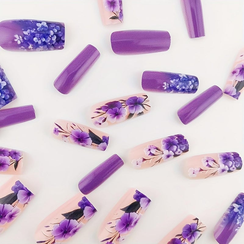 GRITOSE Flower Press on Nails Medium Length Fake Nails Purple Acrylic Nails Glossy Full Cover Spring False Nails Coffin Stick on Nails with designs Artificial Nails Gel Glue on Nails for Women Girls 24pcs - Image 4