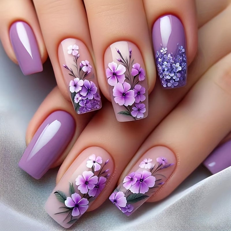 GRITOSE Flower Press on Nails Medium Length Fake Nails Purple Acrylic Nails Glossy Full Cover Spring False Nails Coffin Stick on Nails with designs Artificial Nails Gel Glue on Nails for Women Girls 24pcs - Image 1