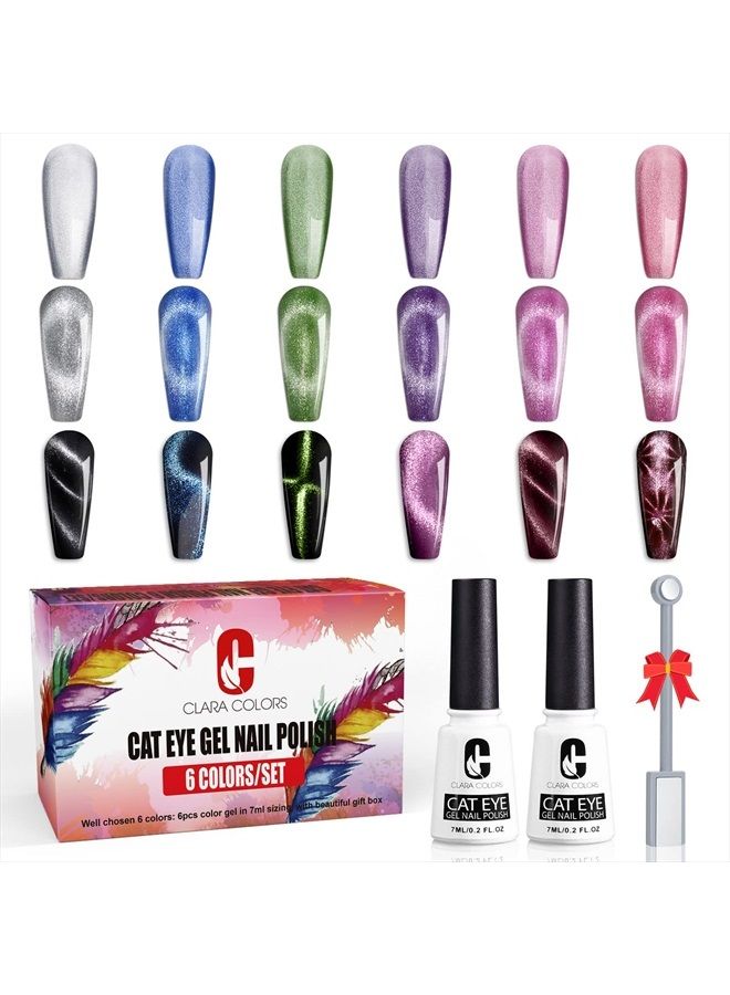 Clara Colors مجموعة طلاء أظافر جل عين القطة من 6 ألوان، مجموعة طلاء أظافر مغناطيسية لامعة ثلاثية الأبعاد من سلسلة Galaxy 9D مع عصا مغناطيسية واحدة للمنزل DIY Soak Off UV LED Manicure Nail - Image 1