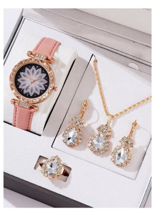 [2024 New Design]Ladies Watch Fashionable Women Quartz Diamond Wristwatch Classic Simple Watches Business Decoration Bangle Bracelet Necklace Ring Earring Girl Gift Set 