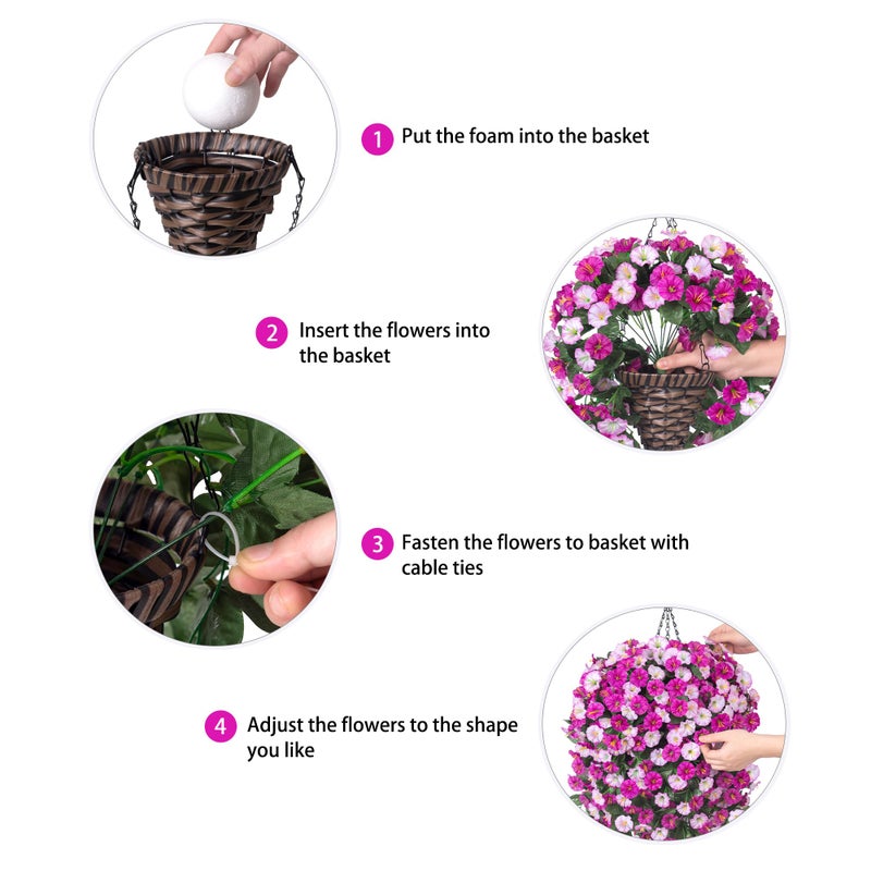 HyeFlora Artificial Fake Hanging Flowers Basket for Outdoor Indoor Decoration,UV Resistant Faux Silk Light Fuchsia and Fuchsia Morning Glory Flowers Plants Realistic Hanging Planter for Outside Home Porch Yard - Image 5