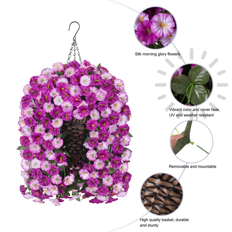 HyeFlora Artificial Fake Hanging Flowers Basket for Outdoor Indoor Decoration,UV Resistant Faux Silk Light Fuchsia and Fuchsia Morning Glory Flowers Plants Realistic Hanging Planter for Outside Home Porch Yard - Image 3