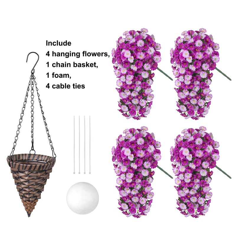HyeFlora Artificial Fake Hanging Flowers Basket for Outdoor Indoor Decoration,UV Resistant Faux Silk Light Fuchsia and Fuchsia Morning Glory Flowers Plants Realistic Hanging Planter for Outside Home Porch Yard - Image 4
