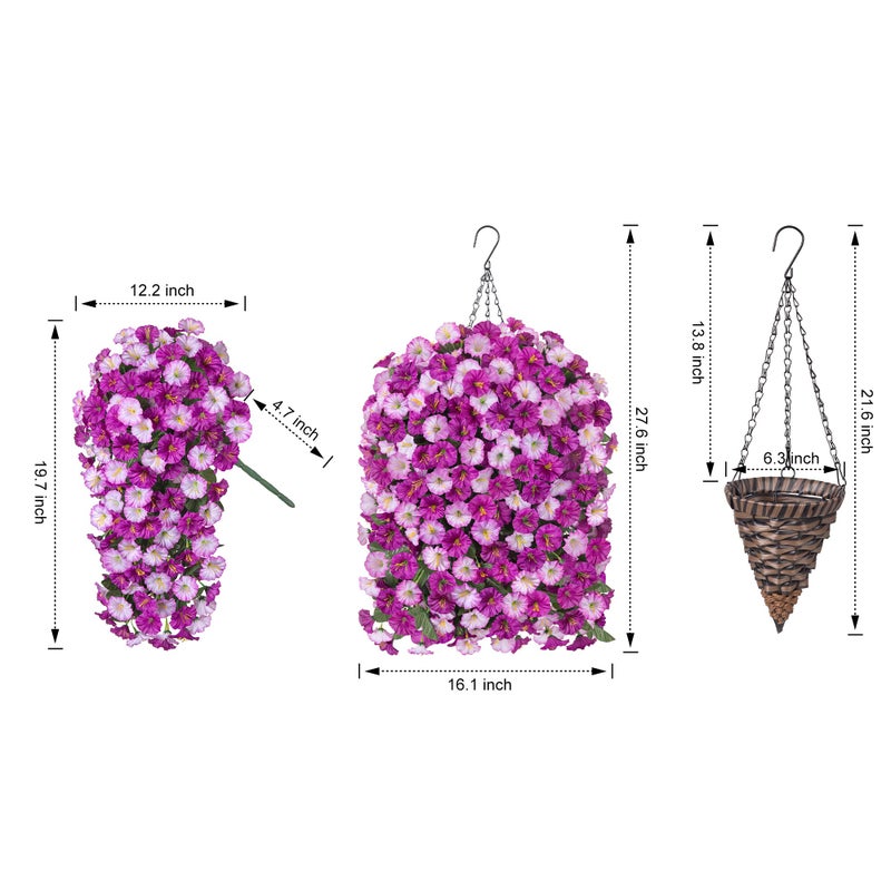 HyeFlora Artificial Fake Hanging Flowers Basket for Outdoor Indoor Decoration,UV Resistant Faux Silk Light Fuchsia and Fuchsia Morning Glory Flowers Plants Realistic Hanging Planter for Outside Home Porch Yard - Image 2