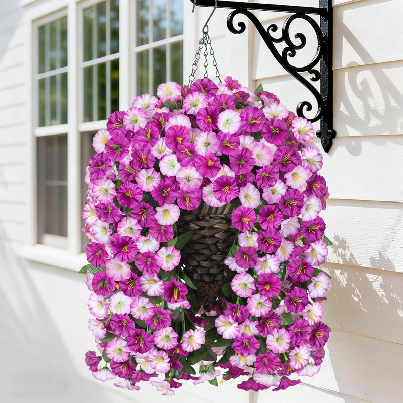 HyeFlora Artificial Fake Hanging Flowers Basket for Outdoor Indoor Decoration,UV Resistant Faux Silk Light Fuchsia and Fuchsia Morning Glory Flowers Plants Realistic Hanging Planter for Outside Home Porch Yard - Image 1