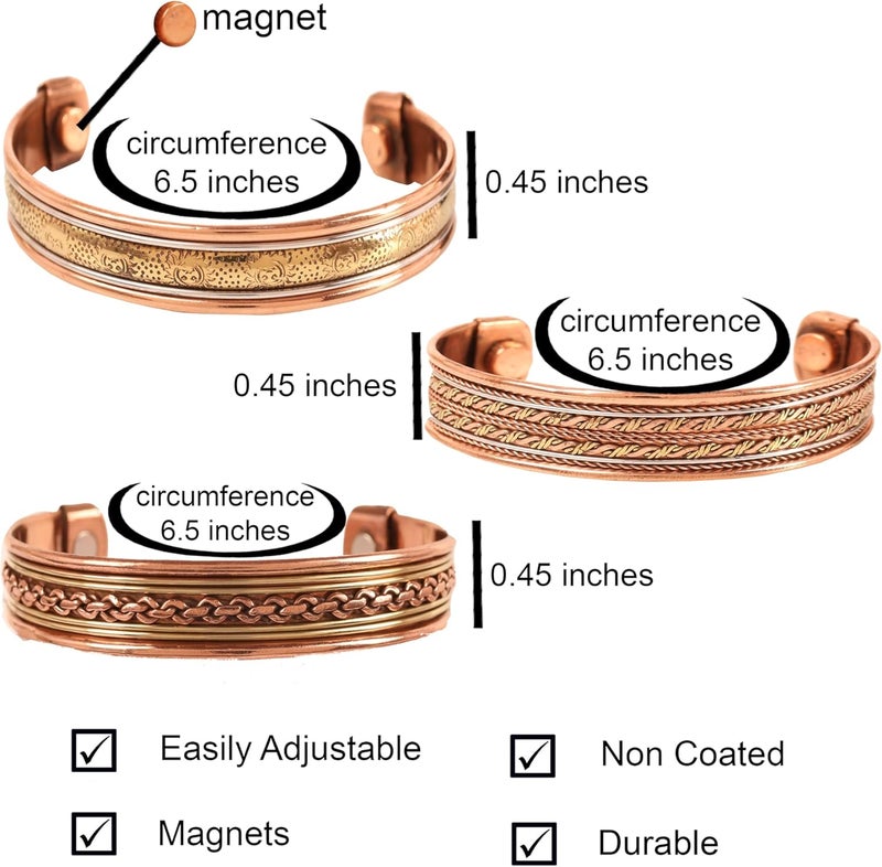 Touchstone copper bracelets | gift for men women |adjustable 100% pure solid real magnetic jewelry | handmade bracelet set combo | rope braided tibetan bangles. - Image 3