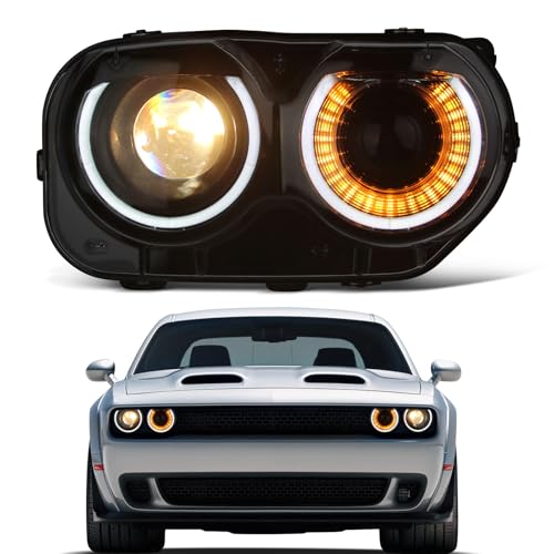 KNSPEC Headlight Assembly Compatible With Dodge Challenger 2015-2021 Black Housing Halogen Head Lights Replaceable 68174064AF CH2503267 Headlight(Right Passenger Side Challenger 15-21) - Image 1