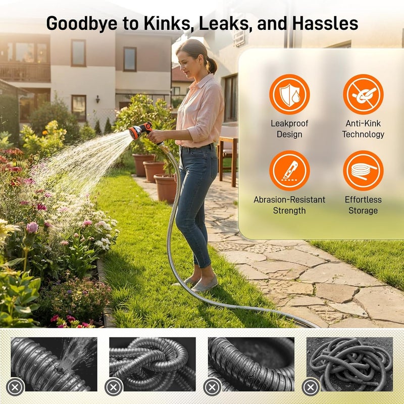 خرطوم حديقة، 50 قدم 5/8 بوصة خرطوم ماء من الفولاذ المقاوم للصدأ مع فوهة رش 10 أوضاع، صمام تشغيل/إيقاف، ضغط انفجار 523 PSI، مضاد للالتواء، خفيف الوزن ومرن لجميع الأحوال الجوية، توصيلات نحاسية ذكر إلى أنثى 3/4 بوصة مانعة للتسرب - Image 4