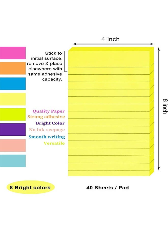 Generic - Lined Sticky Notes 4X6 in Post, 8 Bright Colors Large Ruled Post Stickies Colorful Super Sticking Power Memo Pads Strong Adhesive, Long Sticky Notes for Office, Home, School, 40 Sheets/pad - Image 1