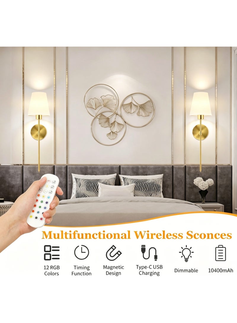 TELANPU 2 Pcs Battery Operated Wall Sconces, Gold Rechargeable Wireless Wall Lights with Detachable Dimmable RGB LED Bulbs, Remote Control, 12 RGB Colors , 3 Color Temperatures & 3-Level Timer, Cordless Wall Lamps for Wall Painting, Living Room, Bedroom, Hallway, Bathroom , Night Light - Image 2