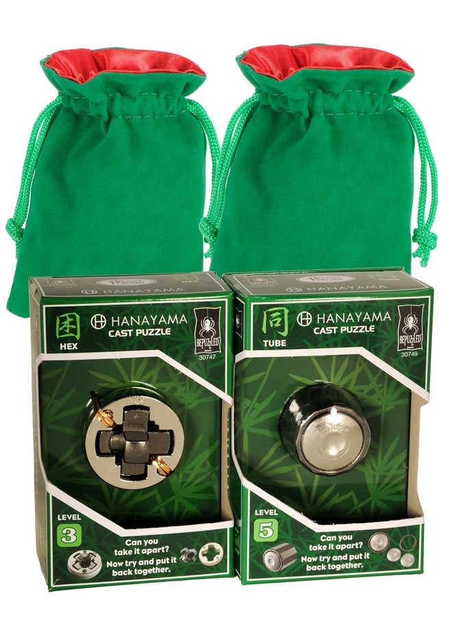 Deluxe Games and Puzzles HEX and Tube Hanayama Puzzles, “New 2023, with Green Velveteen/Red Satin Lined Drawstring Pouches, Bundled Items  - Image 1