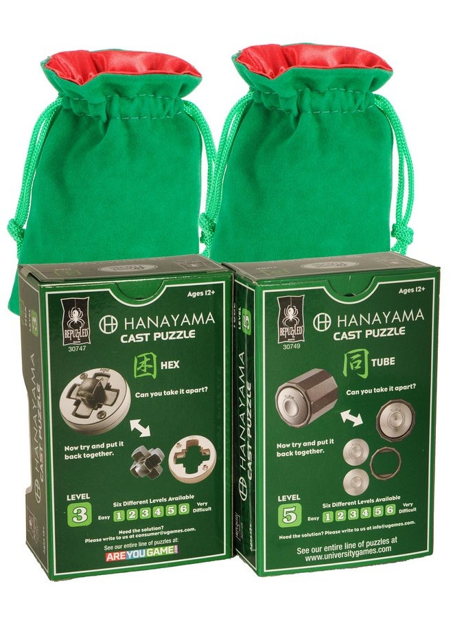 Deluxe Games and Puzzles HEX and Tube Hanayama Puzzles, “New 2023, with Green Velveteen/Red Satin Lined Drawstring Pouches, Bundled Items  - Image 3