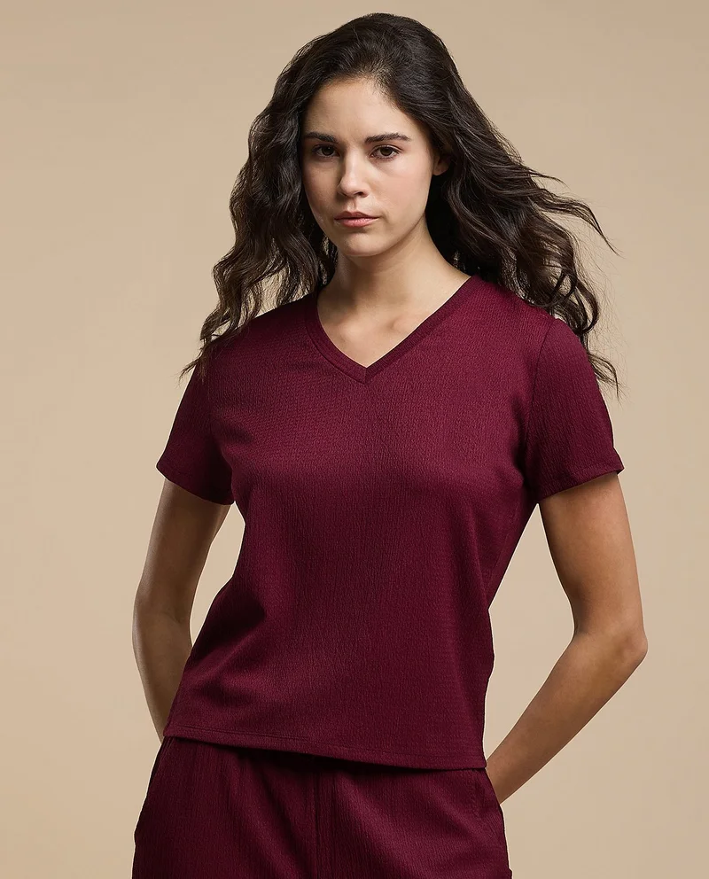 أر أند بي Textured Top With V-Neck And Short Sleeves