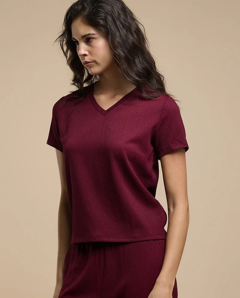 أر أند بي Textured Top With V-Neck And Short Sleeves