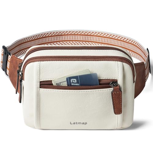 LATMAP 3L TRIPLE ZIP Fanny Packs Belt Bag For Women Men Crossbody Waist Pack Sling Chest Bum Travel Bag Purse Faux Leather Fashion Cute Beige - Image 1