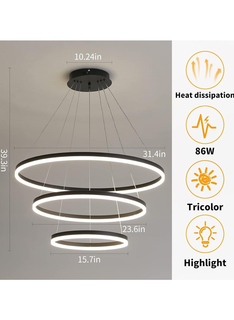 LED Pendant Light, Modern Chandeliers for Living Room, 3-Ring Circles LED Pendant Light Fixture Chandelier for Dining Room, Adjustable Height, Tri-Color Dimmable, Black Finish