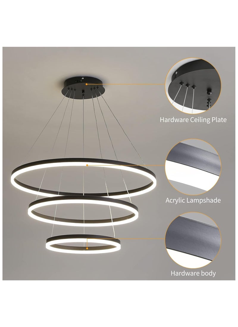 LED Pendant Light, Modern Chandeliers for Living Room, 3-Ring Circles LED Pendant Light Fixture Chandelier for Dining Room, Adjustable Height, Tri-Color Dimmable, Black Finish