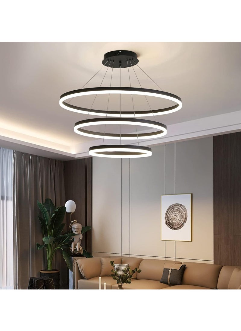 LED Pendant Light, Modern Chandeliers for Living Room, 3-Ring Circles LED Pendant Light Fixture Chandelier for Dining Room, Adjustable Height, Tri-Color Dimmable, Black Finish