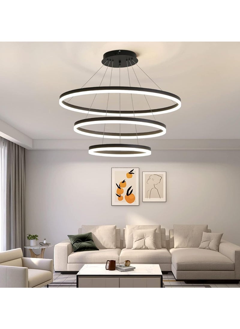 LED Pendant Light, Modern Chandeliers for Living Room, 3-Ring Circles LED Pendant Light Fixture Chandelier for Dining Room, Adjustable Height, Tri-Color Dimmable, Black Finish