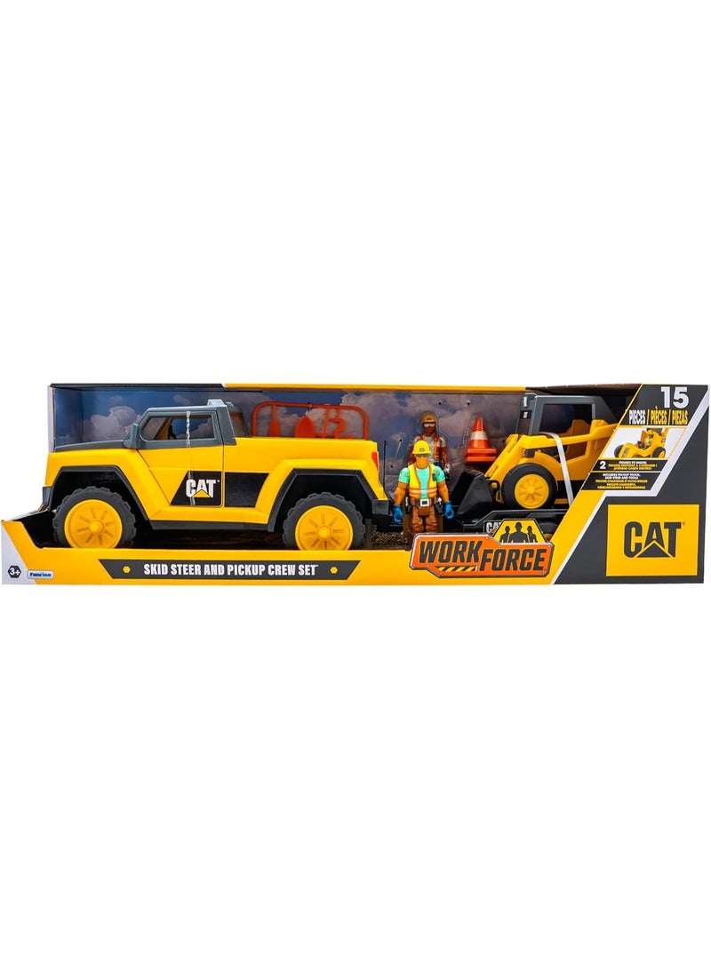 Cat Workforce Skid Steer & Pickup Crew Set, 15-Piece Kids Construction Toy Playset with Pickup Truck, Skid Steer, 2 4-Inch Figures, Cones & Tools, Ages 3+ - Image 1