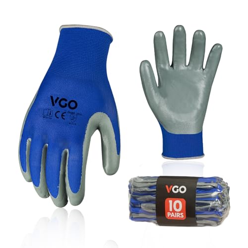 Vgo 10-Pairs Safety Work Gloves, Gardening Gloves, Non-slip Nitrile coating, Dipping Gloves (Size S, Blue, NT2110) - Image 1