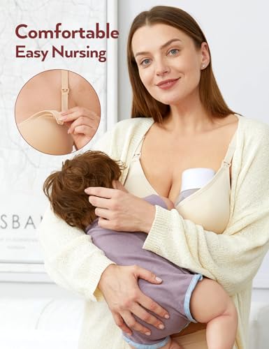HOFISH حمالة صدر للرضاعة من هوفيش 3 عبوات بدون خياطة مع تصميم عميق على شكل V ودعامة للصدر للحوامل 3 عبوات تشمل ملحقات ومشابك (3 قطع/عبوة (دعم: وردي-أسود-بيج)، XX-كبير) - Image 2
