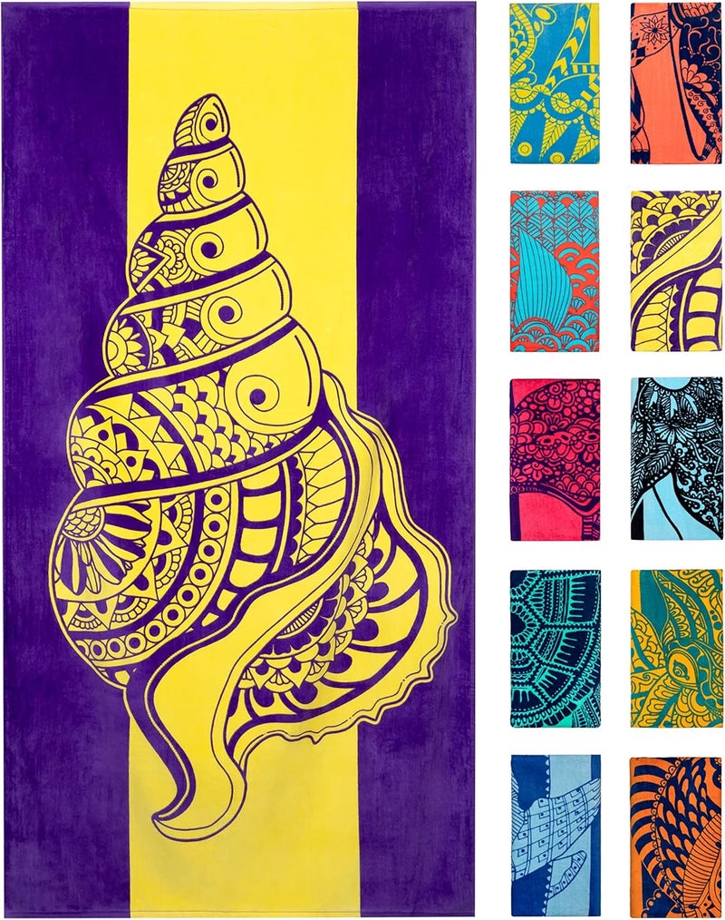 Nova Blue Seashell Beach Towel (34 X 63) - Purple & Yellow Travel Towel Made From 100% Cotton - Unique Adult With Tropical Design - Compact - Image 1
