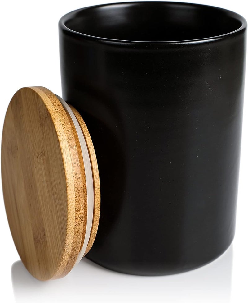 Arthausen Black Ceramic Storage Jar Canister for Flour Sugar - Airtight Bamboo Lid w/Silicone Seal, Spoon - Modern Abstract Art Design for Kitchen Counter Bathroom - 4 cup / 1080mL - Image 1