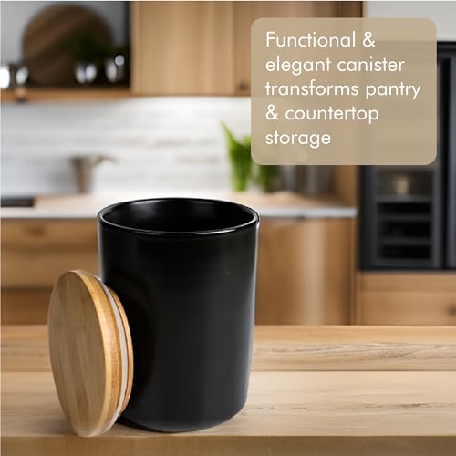 Arthausen Black Ceramic Storage Jar Canister for Flour Sugar - Airtight Bamboo Lid w/Silicone Seal, Spoon - Modern Abstract Art Design for Kitchen Counter Bathroom - 4 cup / 1080mL - Image 2