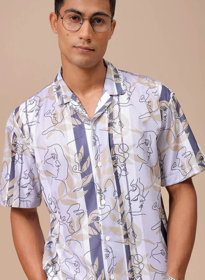 The Indian Garage Co Men Relaxed Fit Sketch Art Half Sleeves Cuban Collar Resort Wear Shirt