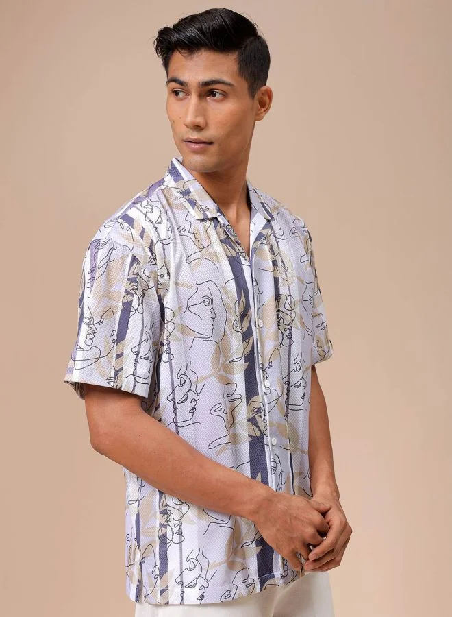 The Indian Garage Co Men Relaxed Fit Sketch Art Half Sleeves Cuban Collar Resort Wear Shirt