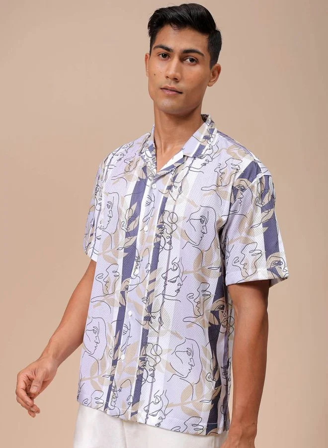 The Indian Garage Co Men Relaxed Fit Sketch Art Half Sleeves Cuban Collar Resort Wear Shirt