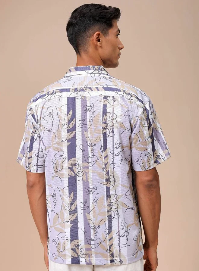 The Indian Garage Co Men Relaxed Fit Sketch Art Half Sleeves Cuban Collar Resort Wear Shirt