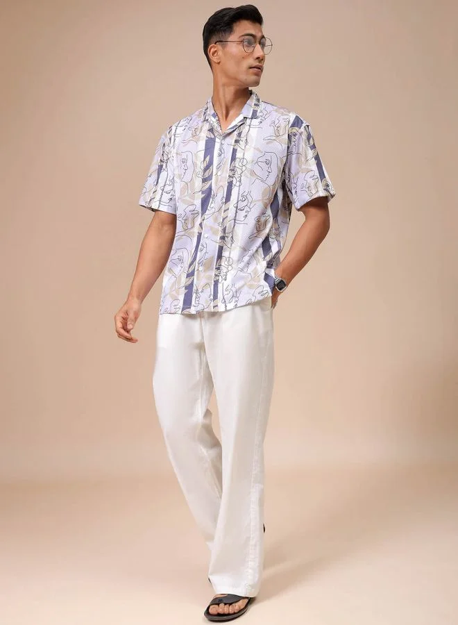 The Indian Garage Co Men Relaxed Fit Sketch Art Half Sleeves Cuban Collar Resort Wear Shirt