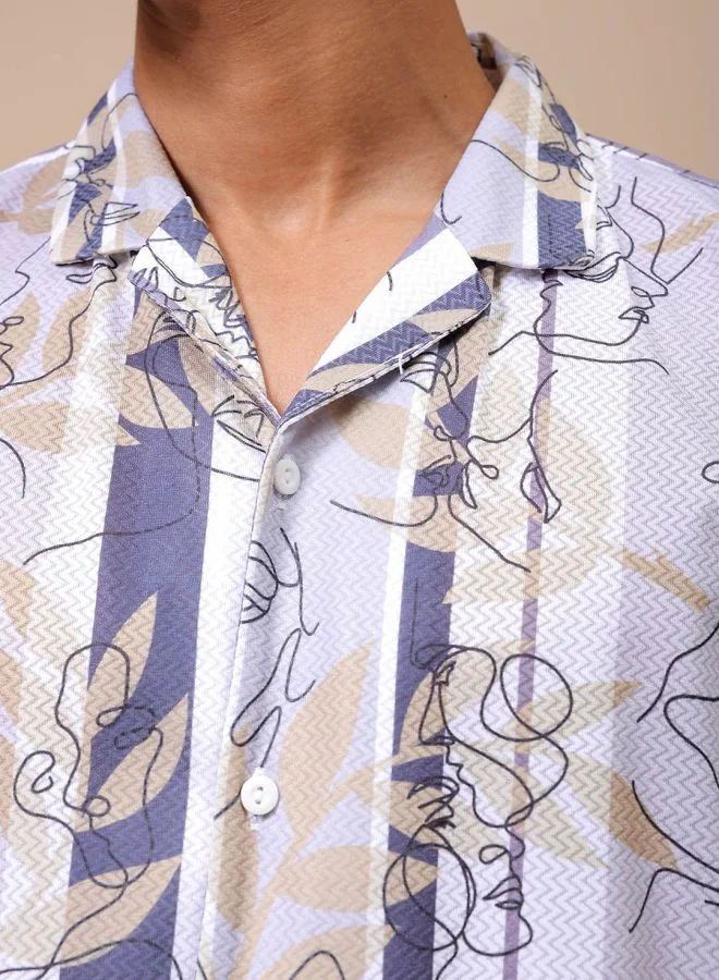 The Indian Garage Co Men Relaxed Fit Sketch Art Half Sleeves Cuban Collar Resort Wear Shirt