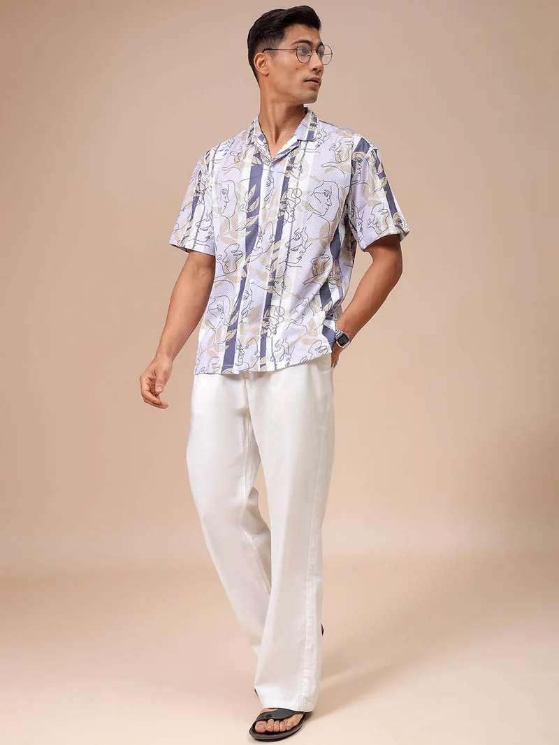 The Indian Garage Co Men Relaxed Fit Sketch Art Half Sleeves Cuban Collar Resort Wear Shirt