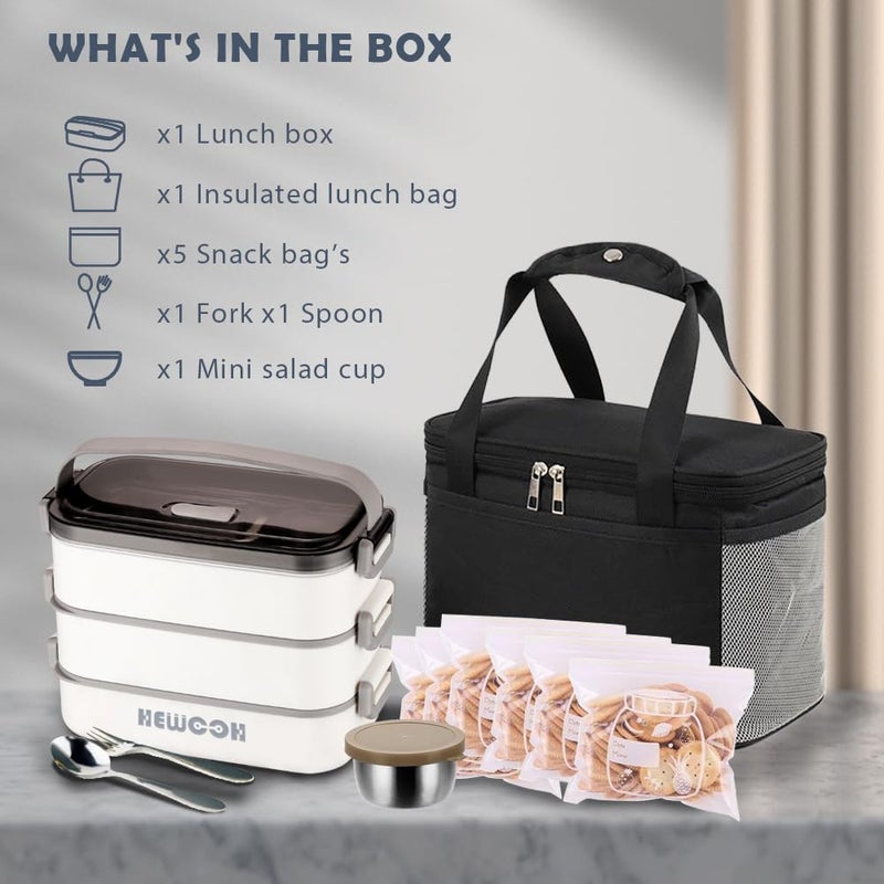 HEWOOH Large Bento Box Adult Lunch Box (74 Oz Large Capacity), Reusable, Including Lunch Bag,Salad Cup, Cutlery, 3 Dividers, Suitable For Dishwasher And Microwave.(White) - Image 5