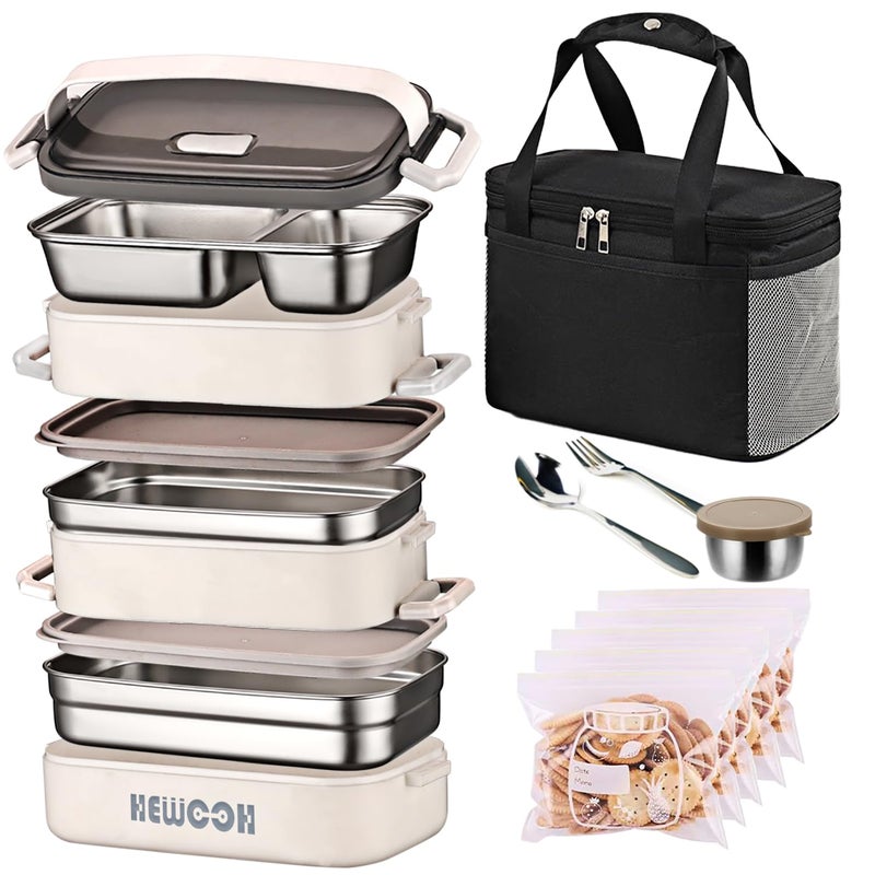 HEWOOH Large Bento Box Adult Lunch Box (74 Oz Large Capacity), Reusable, Including Lunch Bag,Salad Cup, Cutlery, 3 Dividers, Suitable For Dishwasher And Microwave.(White) - Image 1