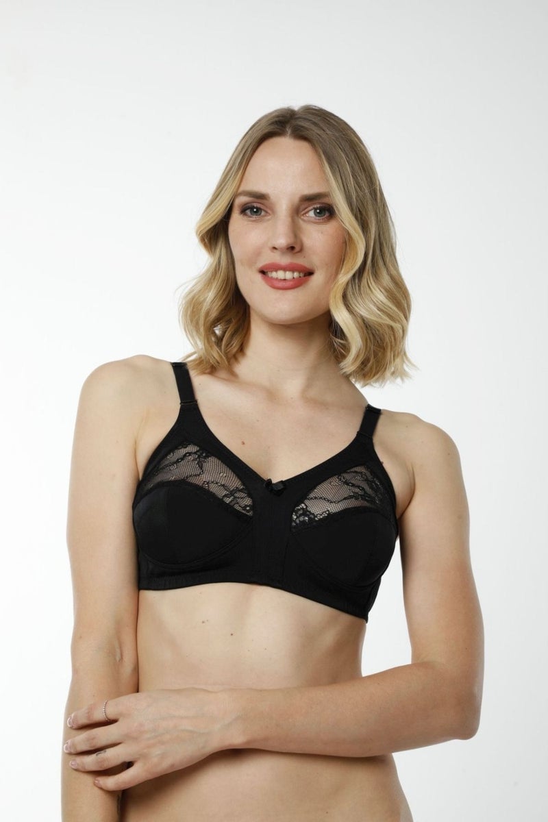 HMD Underwear Hmd 6040 Women's 3-Piece Comfortable Texture Ribana 100% Cotton Black Thin Strap Lace Detailed Minimizer Bra  - Image 1