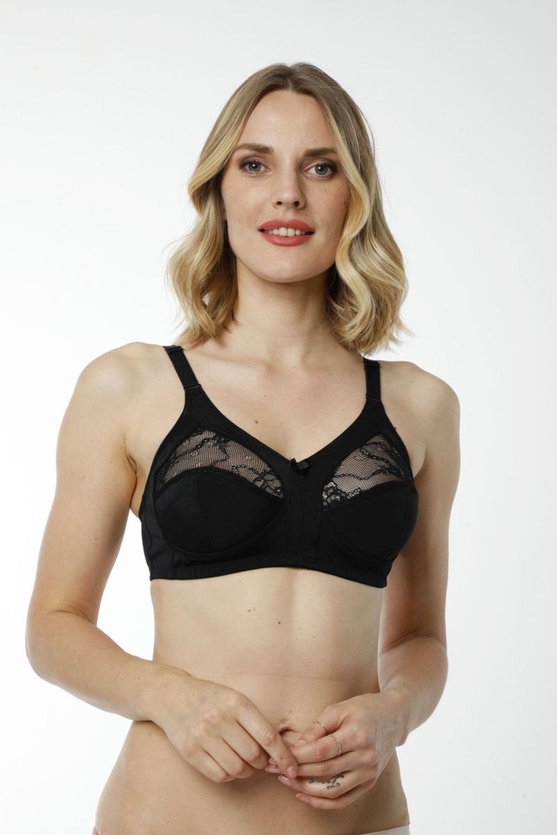 HMD Underwear Hmd 6040 Women's 3-Piece Comfortable Texture Ribana 100% Cotton Black Thin Strap Lace Detailed Minimizer Bra  - Image 5