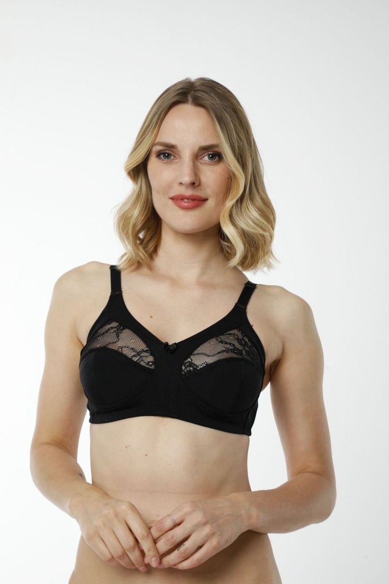 HMD Underwear Hmd 6040 Women's 3-Piece Comfortable Texture Ribana 100% Cotton Black Thin Strap Lace Detailed Minimizer Bra  - Image 3