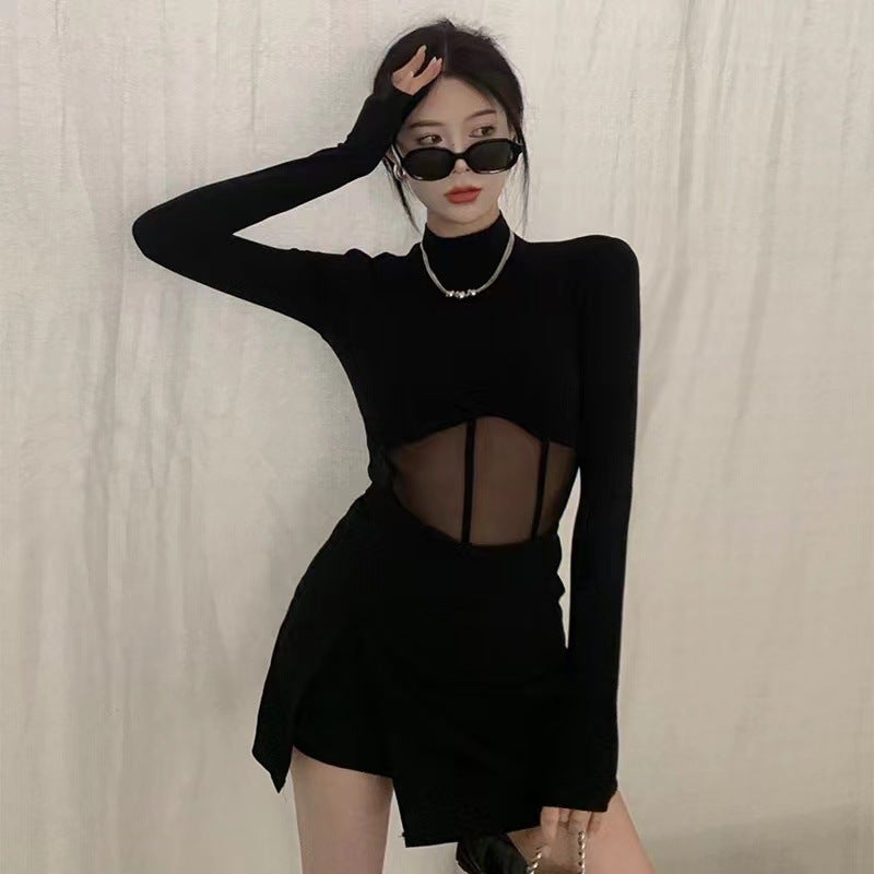 Cross-border factory Europe and the United States tight thin long sleeve T-shirt womens summer short coat mesh stitching trembles Taobao Black