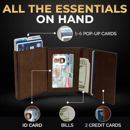 TopMost Genuine Leather Pop Up Wallet for Men, Credit Card Holder, RFID Blocking Ridge Wallets for Men with ID Window, Slim, Minimalist, 5-9 Card Capacity & Cash Slot, Brown - Image 3