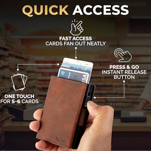 TopMost Genuine Leather Pop Up Wallet for Men, Credit Card Holder, RFID Blocking Ridge Wallets for Men with ID Window, Slim, Minimalist, 5-9 Card Capacity & Cash Slot, Brown - Image 2