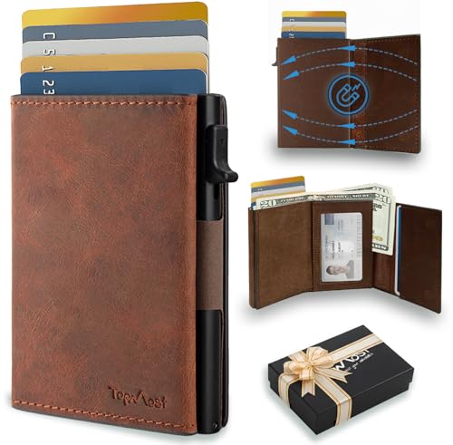 TopMost Genuine Leather Pop Up Wallet for Men, Credit Card Holder, RFID Blocking Ridge Wallets for Men with ID Window, Slim, Minimalist, 5-9 Card Capacity & Cash Slot, Brown - Image 1