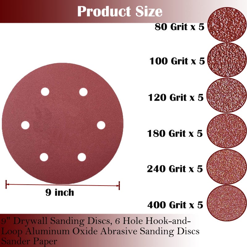 Tonmp 30 PCS 9 Inch 6 Hole Drywall Sanding Discs Set- 80 100 120 180 240 400 Grits, 9" Sandpaper Discs with Hook & Loop Backing, Fast Cutting Aluminum Oxide Abrasive for Drywall Power Sander, Wood Sander - Image 2